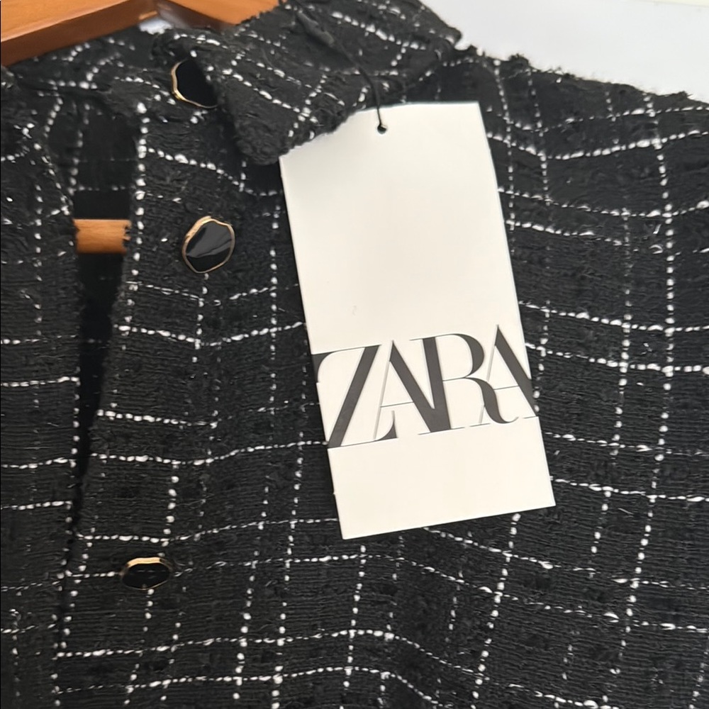 Zara Black Plaid Sheath Polo Collar Mini Dress